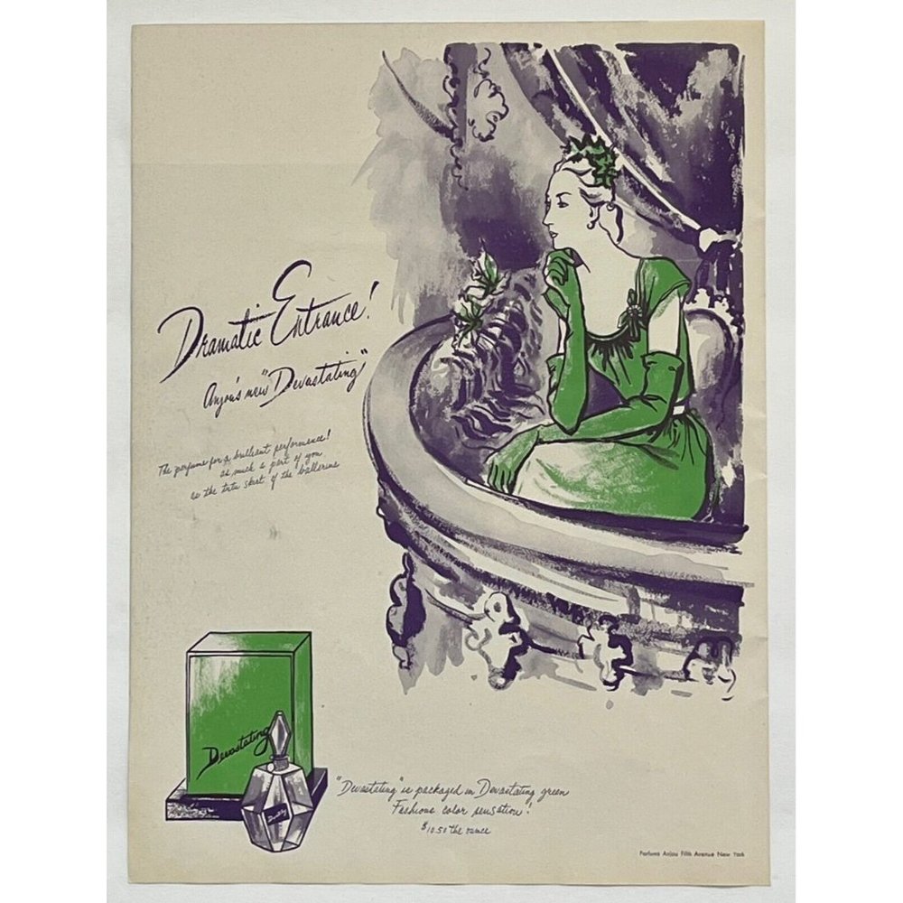 1944 Print Ad Anjou New Devastating Seated Lady in Green Dress Theatre Balcony